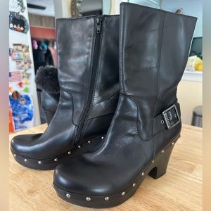 Coarse, black, high heel boots